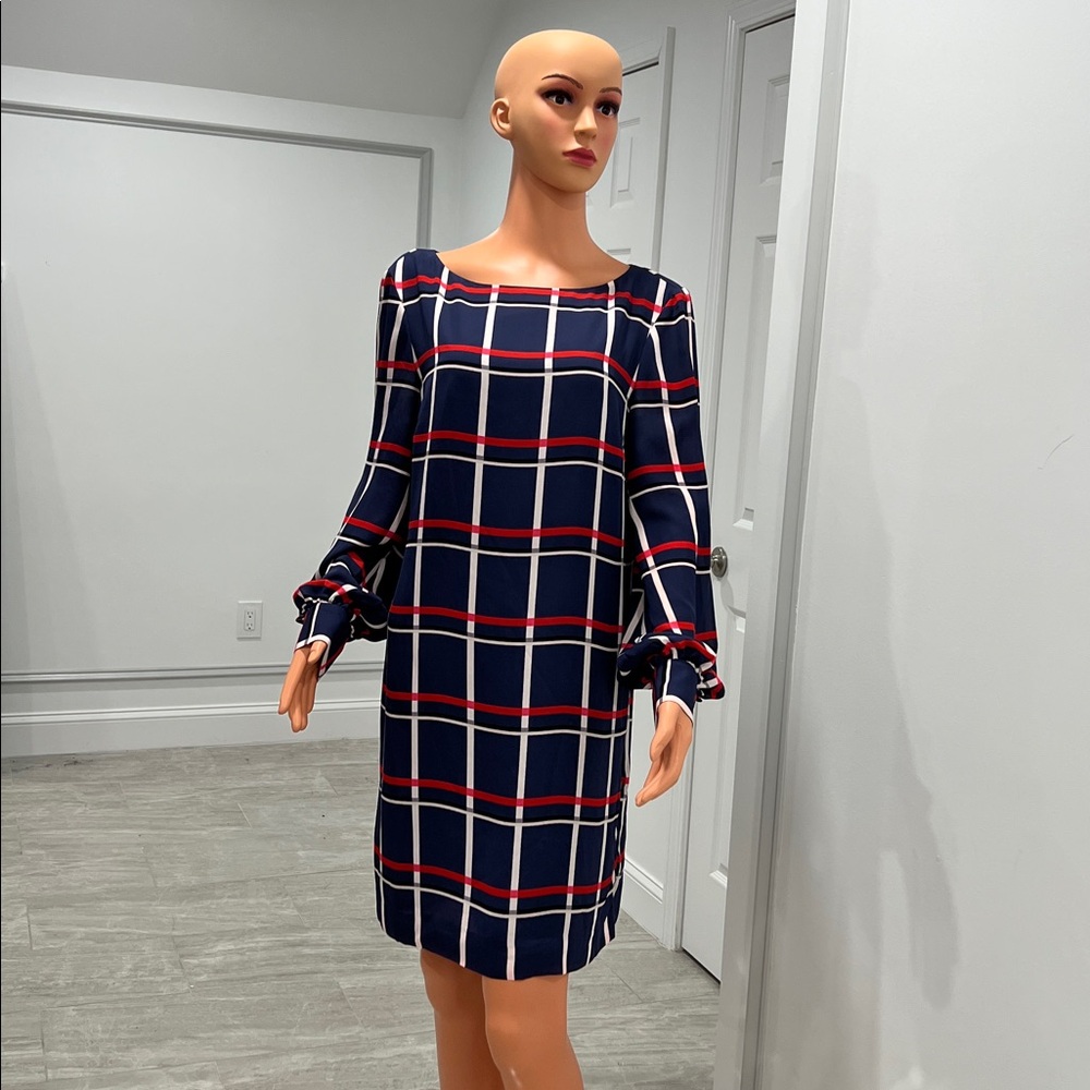 Banana Republic Long Sleeve Plaid Dress in Navy and Red